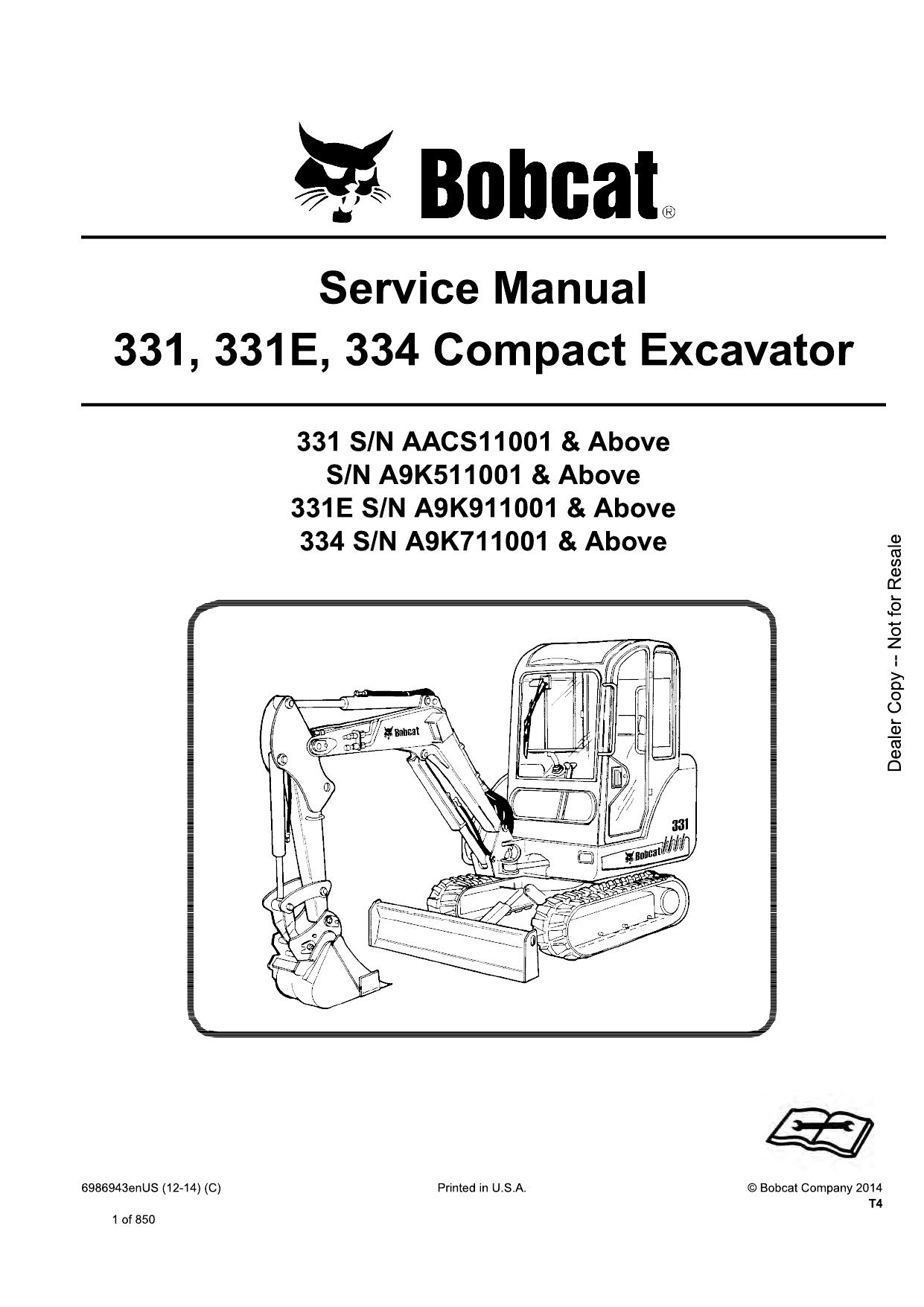 331, 331E, 334 Compact Excavator Service Manual Bobcat